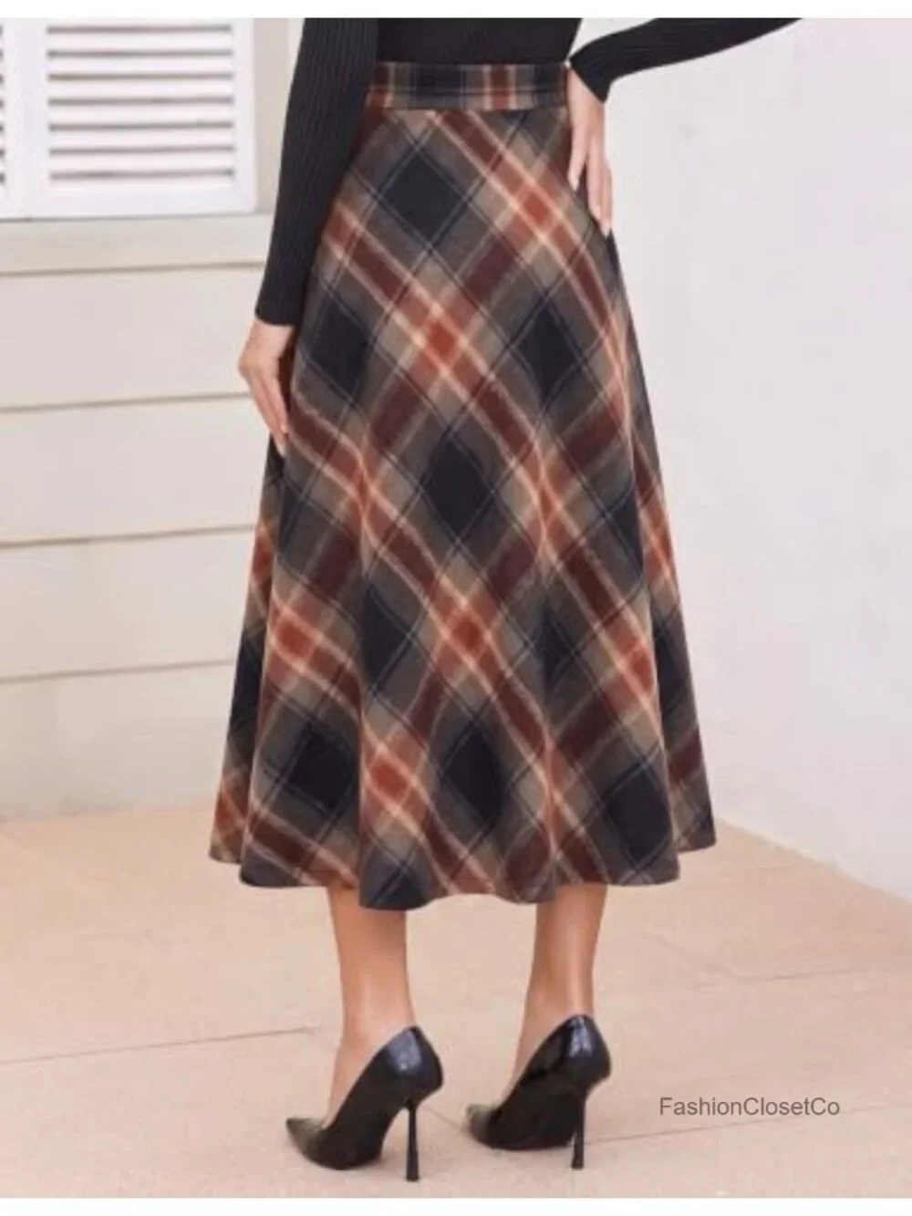 Zeagoo Plaid Wool Skirt High Waisted Midi Skirt with Pockets